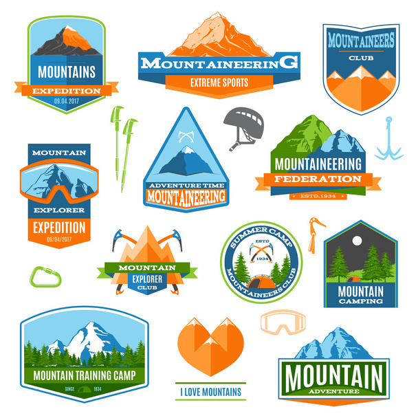 Etiquetas y logotipos de montañismo
 - Vector, Imagen