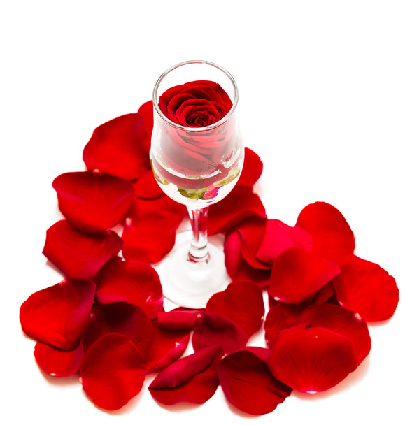 Rote Rose im Champagnerglas mit Herzform - Foto, Bild