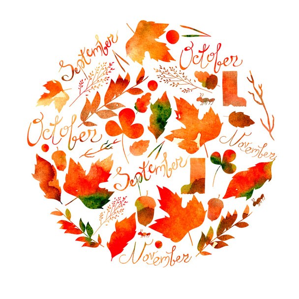 illustration depicting a set of leaves, twigs, berries, flowers, autumn elements and inscriptions September, October, November. watercolor texture yellow, red , orange, brown colors - Foto, Imagen