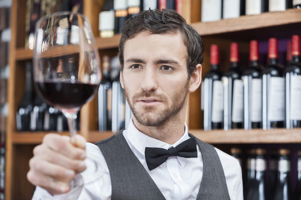 Bartender Examining Red Wine In Glass At Shop - Фото, изображение