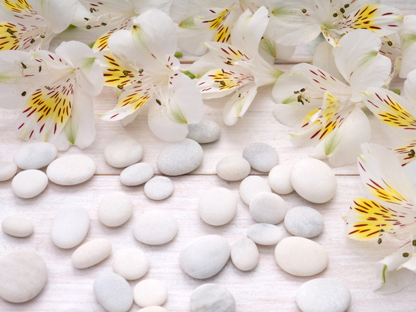 Inschrijving alstroemeria bloemen en witte kiezelsteen - Foto, afbeelding