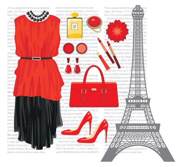 Fashion set with the Eiffel Tower - Vector, Imagen