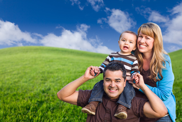 Смешанная расовая семья в зеленом грасс-поле
 - Фото, изображение