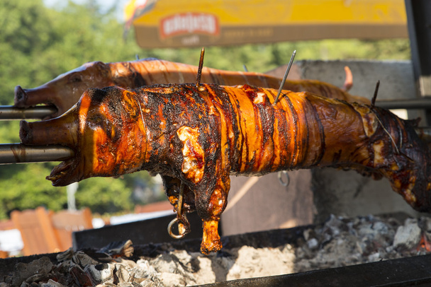 Rotisserie met kleine varkensvlees gekookt op de grill - Foto, afbeelding