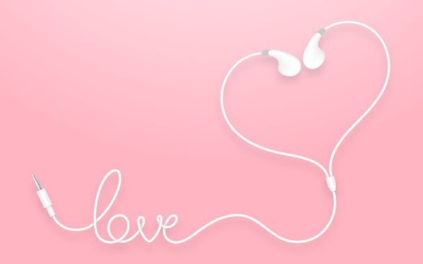 Słuchawki douszne typ biały kolor i miłość tekst wykonane z kabla - Wektor, obraz