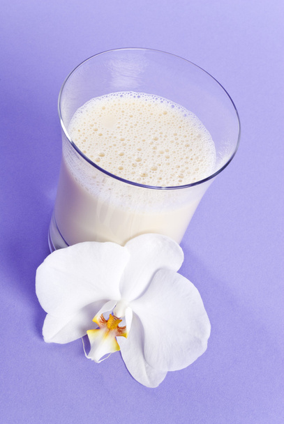 Soy Milk in a Glass and a White Orchid - Photo, Image