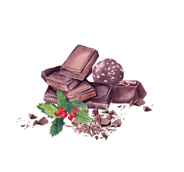 Chocolate block, candy, mistletoe. Christmas sweet watercolor - Valokuva, kuva