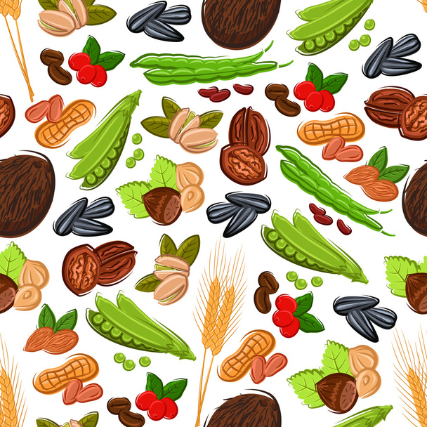 Nuts, grain, kernels, berries seamless background - Vector, Image
