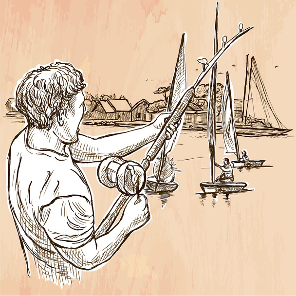 Fishing, fisherman - An hand drawn vector. Line art. - Vector, afbeelding