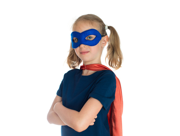 Superhero kid isolated on white. Space for text. - Foto, afbeelding