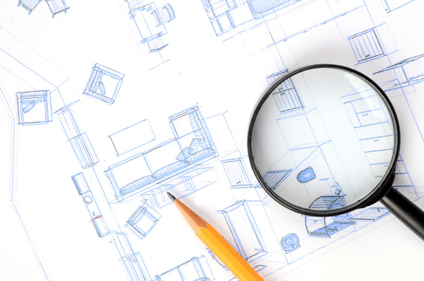 Pencil,magnifier and house plan - Photo, image