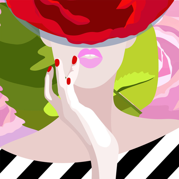 Abstract watercolor pattern woman model  in hat red Rose, floral  background, striped dress (black and white), fashion art, texture spring summer, beauty. Color vector prints, Makeup, pink lipstick - Διάνυσμα, εικόνα