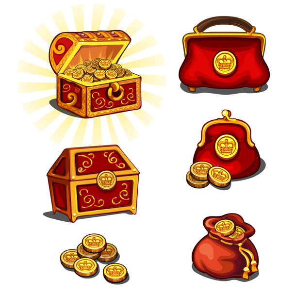 Great wealth set, chest, purse and gold coins - Wektor, obraz