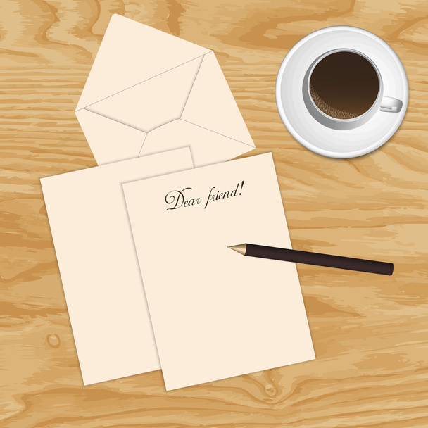 Tasse Kaffee, Papier, Umschlag und Bleistift auf dem Tisch - Vektor, Bild