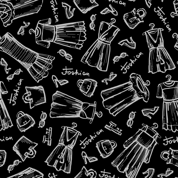 Vector seamless pattern with hand drawn dresses on black color - Wektor, obraz