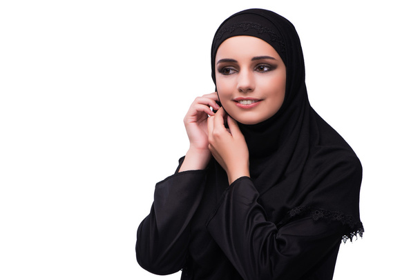 黒のドレスが白で隔離でイスラム教徒の女性 - 写真・画像