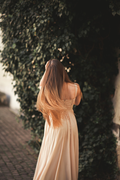 Beautiful girl with long hair posing near tree in vavel Krakow - Foto, Bild