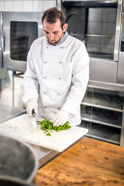 Male chef chopped parsley - Фото, изображение