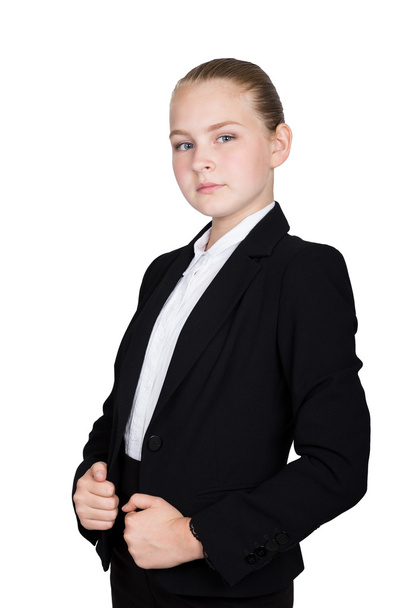 Little business woman. Studio portrait of child girl in business style. Studio isolated on a white background. - Zdjęcie, obraz