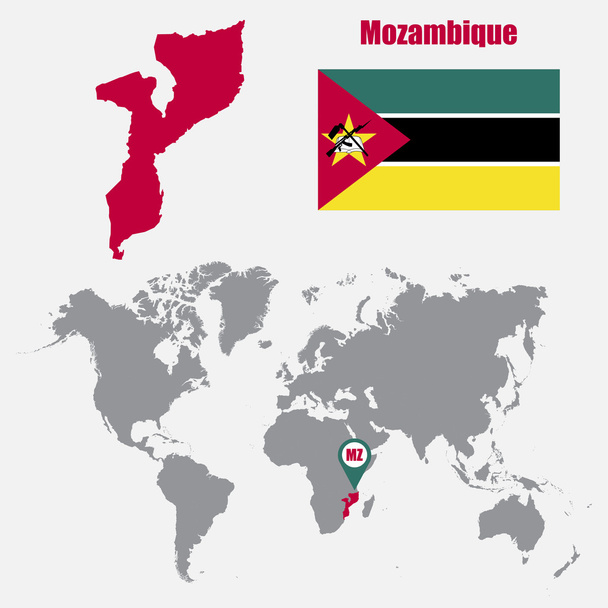 Мозамбік карта на карті світу з прапором і карта вказівник. Векторні ілюстрації - Вектор, зображення