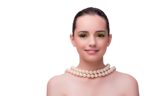 白で隔離の真珠のネックレスを持つ女性 - 写真・画像