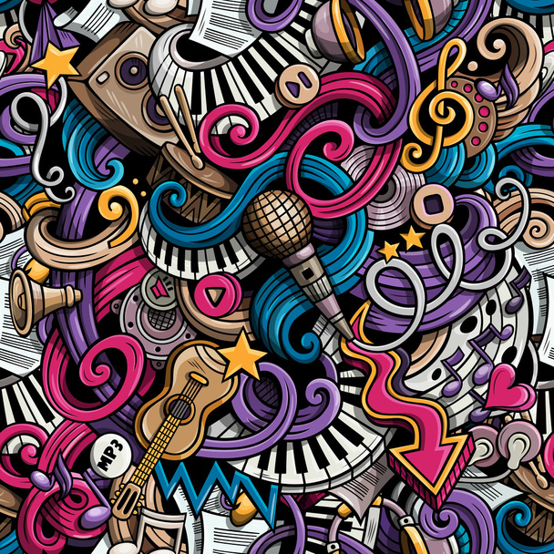 Cartoon hand drawn doodles Music seamless pattern - Vector, Image