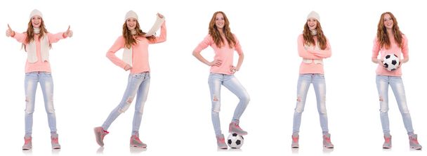 mladá žena s fotbalem izolované na bílém - Fotografie, Obrázek