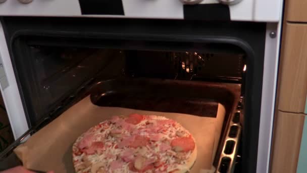 Woman puts pizza in oven - Footage, Video