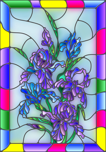 Illustration in stained glass style with flowers, buds and leaves of iris  - Vector, Image