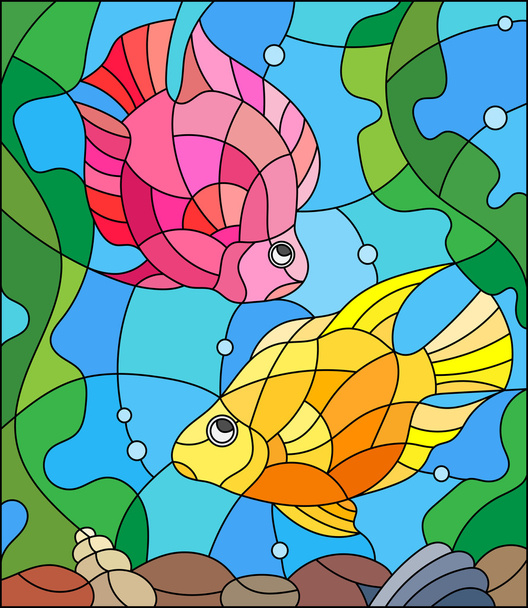 Illustration im Glasmalereistil mit einem Paar Prinzessin Papageienfische auf dem Hintergrund von Wasser und Algen - Vektor, Bild