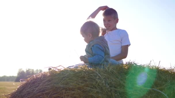 children playing on a haystack in the sun - Footage, Video