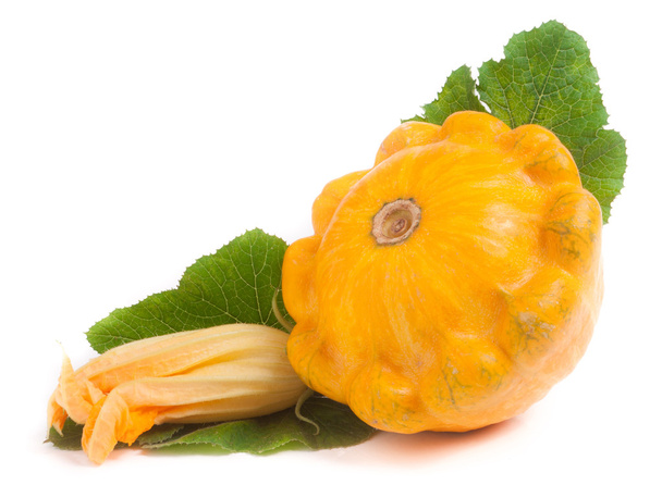 yellow pattypan squash with leaf and flower isolated on white background - Photo, Image