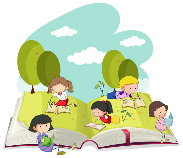 Kids reading books in the park - Vector, Image