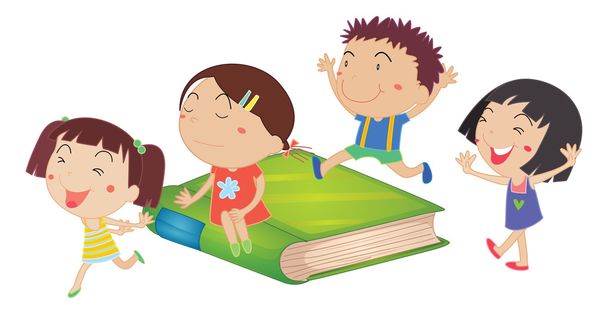 Children and giant green book - Vector, Image