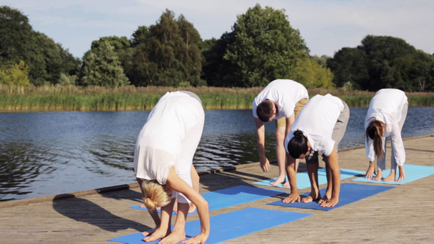 grupo de personas haciendo ejercicios de yoga al aire libre - Imágenes, Vídeo