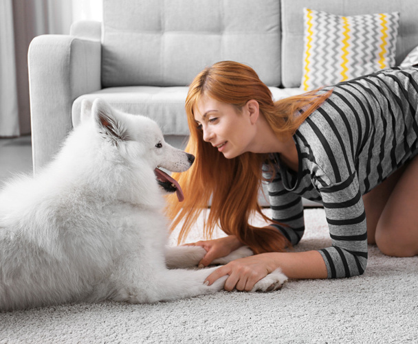 κορίτσι με το χαριτωμένο σκυλί Samoyed - Φωτογραφία, εικόνα