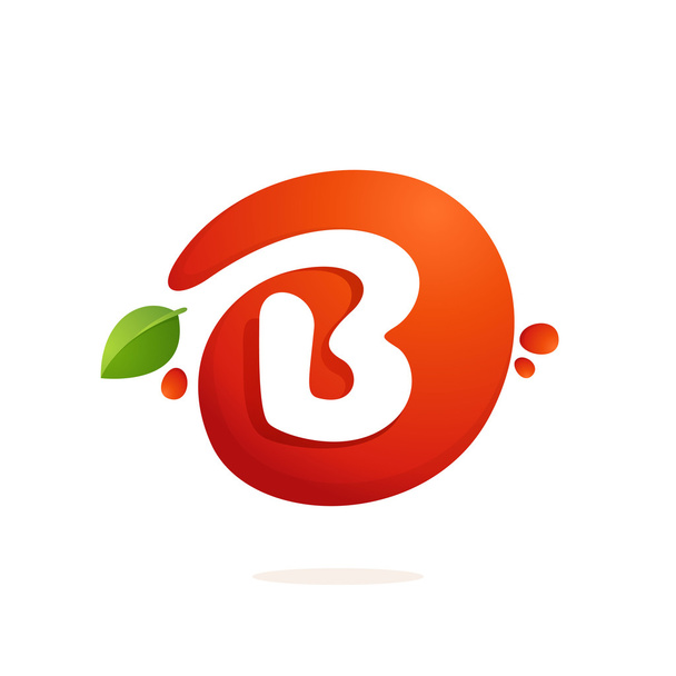 Letter B logo in fresh juice splash with green leaves.  - Vector, Image