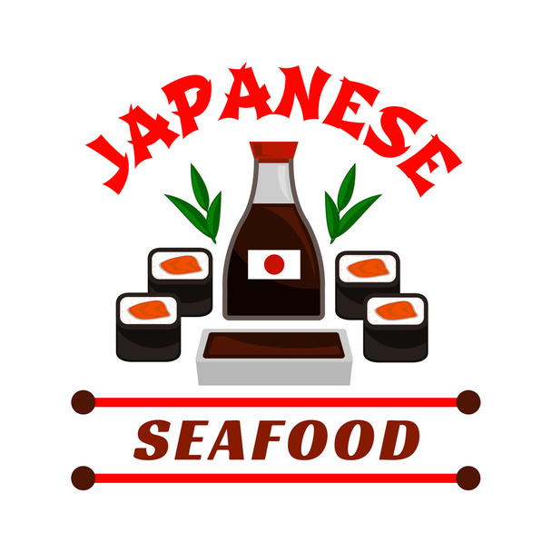 Japán tenger gyümölcsei étterem ikonra. Sushi és a mártással - Vektor, kép