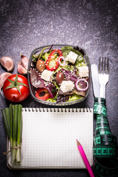 Diet concept, salad ingredients on black background . healthy food - 写真・画像