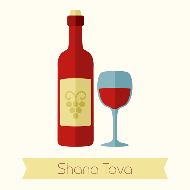 Bottle of wine and glass. Rosh Hashanah icon - Vector, Image