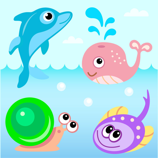 Mondo acquatico: delfini, lumache, pesci a raggi elettrici e balene. Personaggio cartone animato divertente
 - Vettoriali, immagini