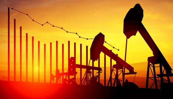 Illustrazione 3d di martinetti pompa olio su sfondo cielo tramonto con analisi finanziarie. Concetto di calo dei prezzi del petrolio
 - Foto, immagini