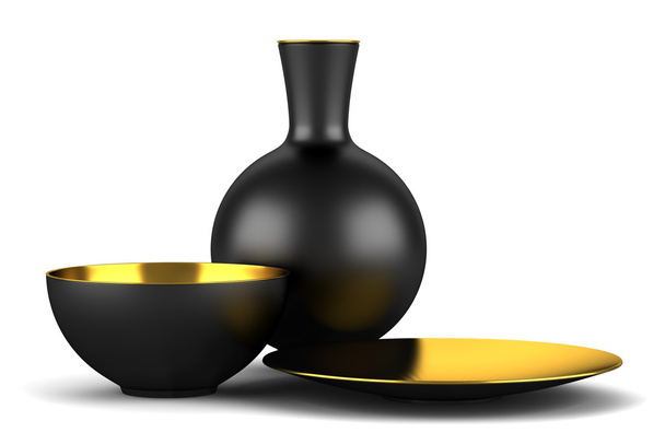 Black vase with bowls isolated on white background - 写真・画像