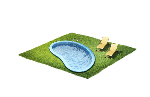 3D-illustratie van twee ligstoelen en een water zwembad - Foto, afbeelding