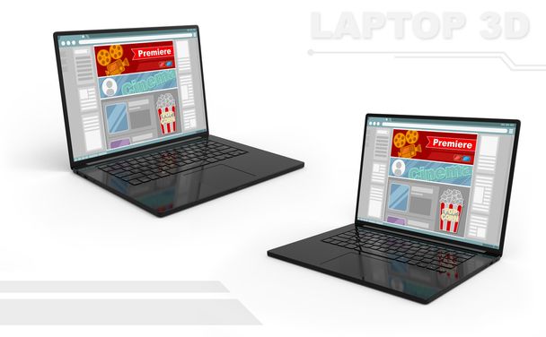3D render of black perspective laptop set with cinema site interface design - Photo, Image