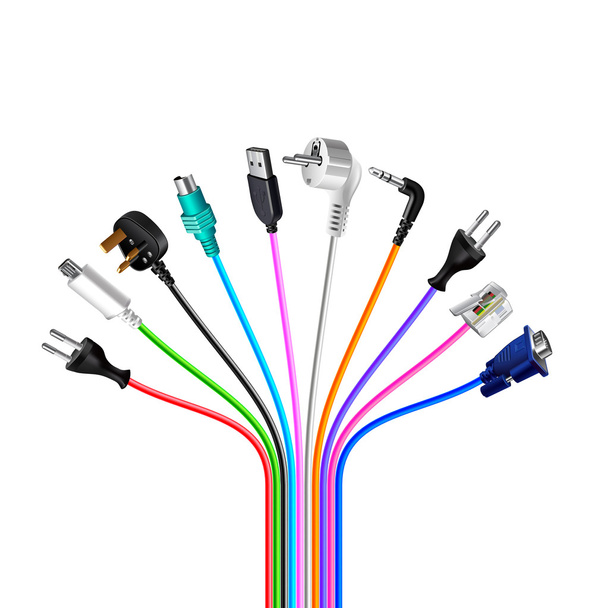 Bundel van plug draads kabels geïsoleerd op witte achtergrond - Vector, afbeelding