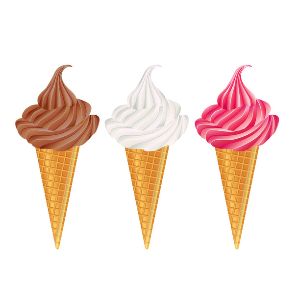 Chocolate, vanilla and strawberry icecream cones - Vector, Image