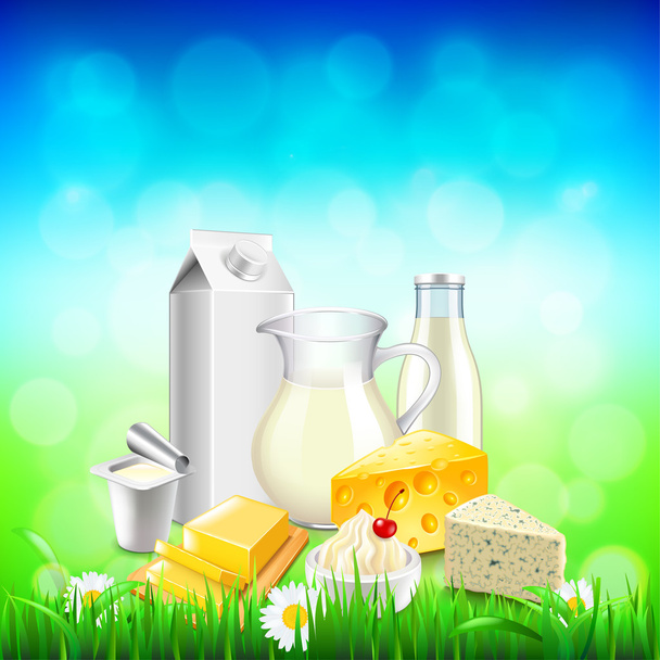 Dairy products on green grass, blue sky background - Vector, Image