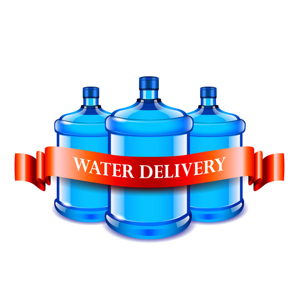 Grandes garrafas e fita vermelha, conceito de entrega de água
 - Vetor, Imagem