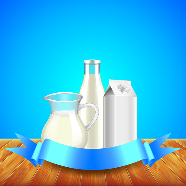 Melk met lint voor tekst op houten tafel, blauwe achtergrond - Vector, afbeelding